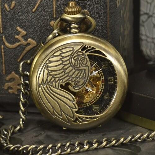 TIEDAN Bronze Steampunk Skeleton Mechanical Pocket Watches Men Antique Luxury Brand Hand Wind Necklace Pocket & Fob Watch Chain