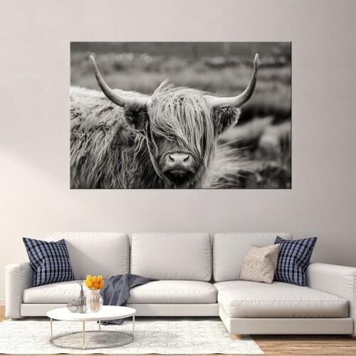 Black and White Highland Cow Print Farmhouse Decor Wall Art Canvas Painting Animal Large Posters Living Room Bedroom Pictures