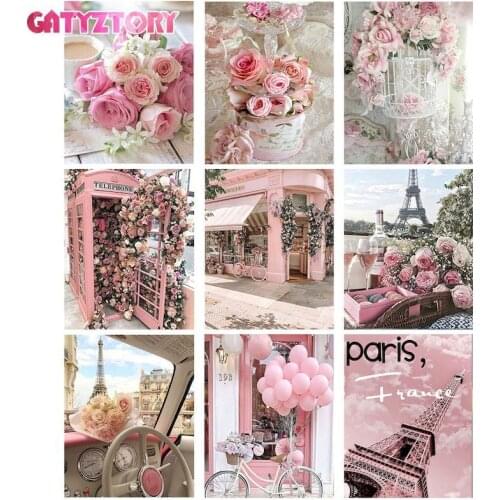 GATYZTORY Frame DIY Painting By Numbers Pink Rose Landscape Handpainted Oil Painting Modern Home Art 60x75cm Canvas Colouring