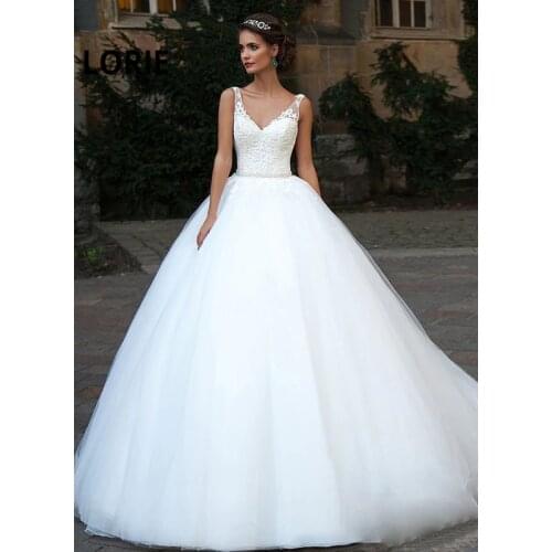 LORIE 2019 Ball Gowns Wedding Dresses Back Lace up Fluffy Bride Dresses V-Neck Lace Appliques with Tulle Wedding Guest Dresses