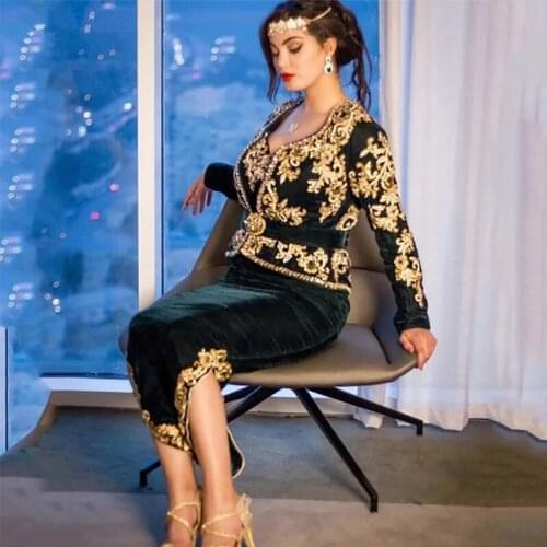 Moroccan Kaftan Caftan Muslim Evening Dresses Sheath V-neck Long Sleeves Velvet Appliques Dubai Arabic Turkey Abaya Islamic Gown