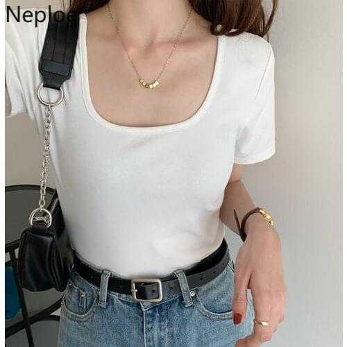 Neploe Summer Woman Tshirts Square Collar Short Sleeve Tees Korean Fahsion Cotton Shirt Slim Fit Thin White Tops Female