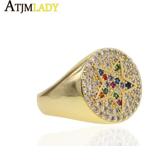 New arrived fashion round coin shape rainbow star ring jewelry gold filled sparking colorful cz paved star ring for women