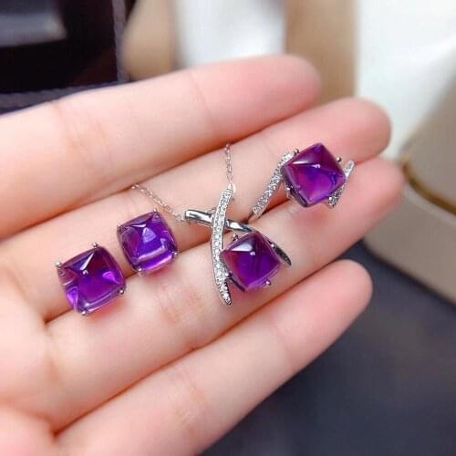 Engagement Best Gift Amethyst jewelry set Natural Real Amethyst 925 sterling silver 1pc pendant,1pc ring,2pcs Earring