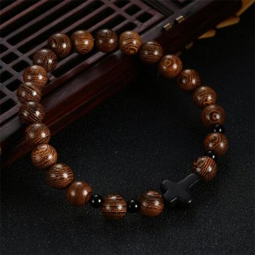 Charm Unisex Cross Natural Sandalwood Beads Buddhist Buddha Wood Prayer Beaded Rosary Bracelets Bracelet For Men Women Jewelry