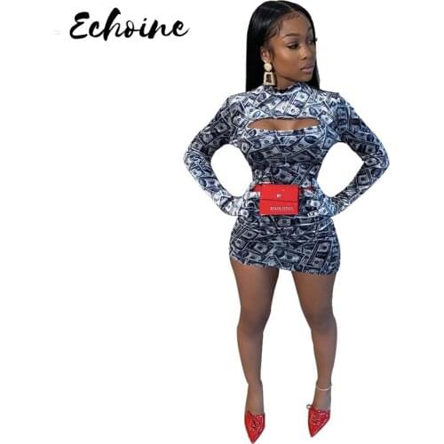 Classy Money Dollar Bill Print Dress High Neck Sash Embellished Long Sleeves Money Fitting Mini Dress Outfit Streetwear Gloves