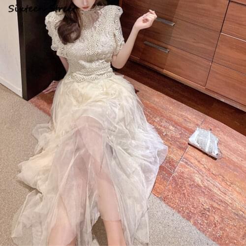 Apricot Mesh Dress Woman Summer Vintage High Waist Ball Gown Dress Bodycon Female Elegant Party Bridesmaid Maxi Dresses Woman