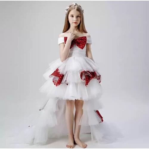 Flower Girl Dresses Illusion Short Boat-Neck Pleat Off The Shoulder Princess Knee-Length Tulle Lace White Kids Party Gown H497