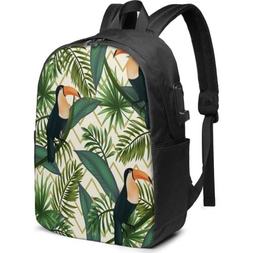 2021 New Laptop USB Backpack Tropical Leaves Birds School Bag Bookbag Men Women Travel Daypack Leisure Backpack
