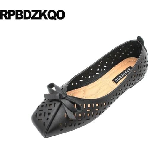 Square Toe Breathable Sandals Runway Ballet Bow Kawaii Black Large Size Hollow Out Women Flats Shoes With Little Cute Bowtie