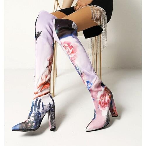 Printed Dyed Fabric Trendy Thick Heel Pointed Toe Over-The-Knee Boots Graffiti Print Flower Camouflage Ethnic Pattern Boots