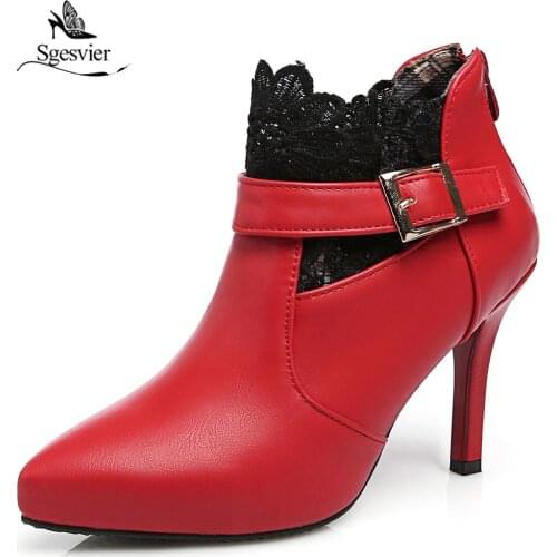 Sgesvier 2018 New Arrivals Fashion Women Buckle Lace Ankle Boots Casual Pointed Toe Thin High Heels Party Shoes Woman OX580