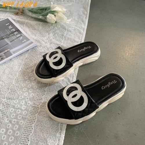 Soft leather woven slippers for women summer 2021 flat heel beach casual sliders for women outdoor toe slippers