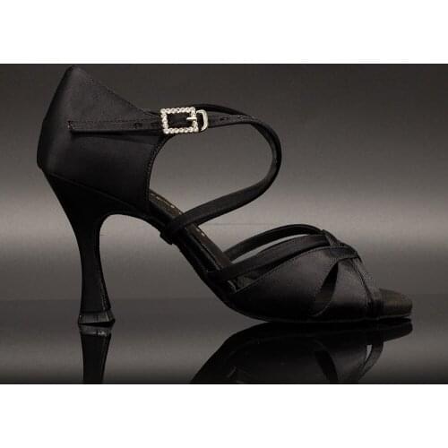 Suphini【Hazel】Black Satin Cross Strap 7.5/ 8.5cm Flare Heel Dance Sandals