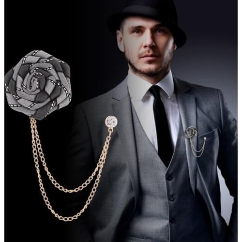 Handmade Fabric Rose Flower Brooches for Men Crystal Tassel Chain Collar Pins Suit Shirt Corsage Wedding Fashion Jewelry Gifts