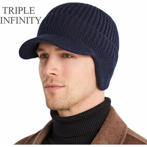 TRIPLE INFINITY Trend Winter Thermal Men Hats Fashion Elastic Ear Protection Windproof Warm Ski Cap Thick Bonnet Knitted Hat New