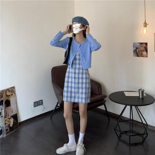 Spring 2021 New Fashion Cute Two-piece Plaid Suspender Dress + Knitted Cardigan Womens Two-piece Suit Summer
