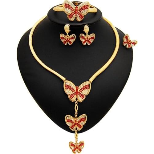 Yulaili Beautiful Red Diamond Big Butterfly Brazilian Gold Necklace Set Wholesale Fashion Design Lady Party Wedding Jewelry Set