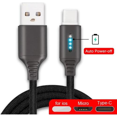 Smart Power Off Charging Cable For iPhone 11Pro Samsung S8 Auto Power-off Protection Cord With LED Micro USB Type C Charge Cable
