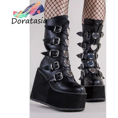 DORATASIA INS Hot Brand Women Boots Zipper Heart Buckle High Wedges Platform Boots Women Thick Bottom Cool Goth Cosplay Shoes