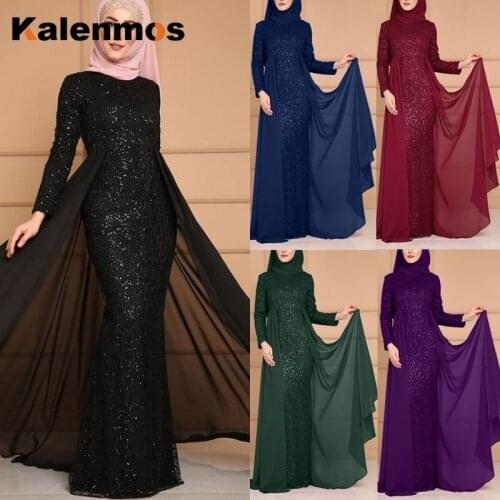 Fake Two Piece Arab Islamic Ropa Dresses Women Muslim Sequin Abaya Maxi Long Dress Ramadan Dubai Kaftan Robe Plus Size S-5XL