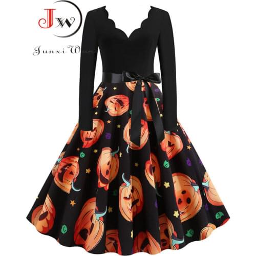 S~3XL Women Long Sleeve Pumpkin Print Halloween Dress Plus Size Vintage Casual Elegant Party Winter Dresses Vestidos Black
