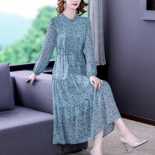 Spring Autumn Floral Chiffon Fashion Midi Dress Women Boho Korean Vingtage Print Dress 2021 New Casual Bodycon Elegnat Vestidos