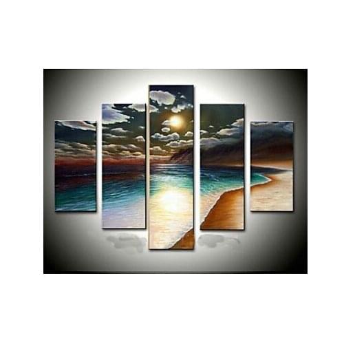 Gold Beach Seascape Sun-Home Decor Landscape Oil Painting on Canvas-5pcs canvas art set