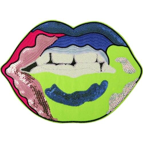 1 PCS Rainbow Large Colorful Sequins Lip Patch Vintage DIY T-shirt Applique Fashion Clothing Decoration Iron On Patch Accessory
