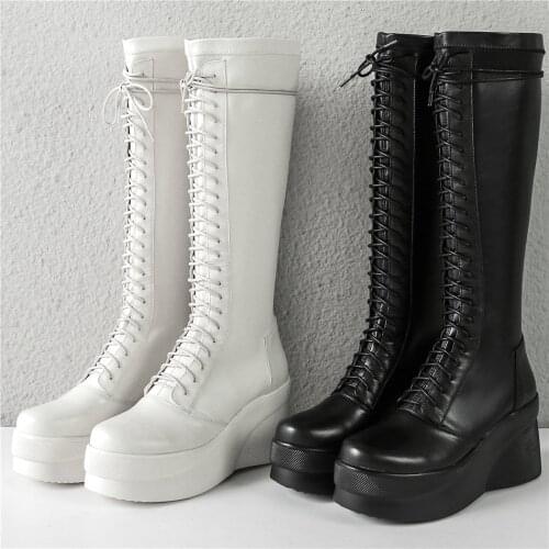 2021 Thigh High Pumps Shoes Women Genuine Leather Wedges High Heel Motorcycle Boots Female Lace Up Long Shaft Fashion Sneakers
