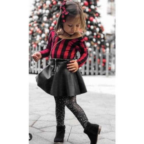 Girlymax Christmas Fall/Winter 3PCS Baby Girls Ruffles Plaid Top PU Skirt Boutique Outfits Dots Pants Set Kids Clothing