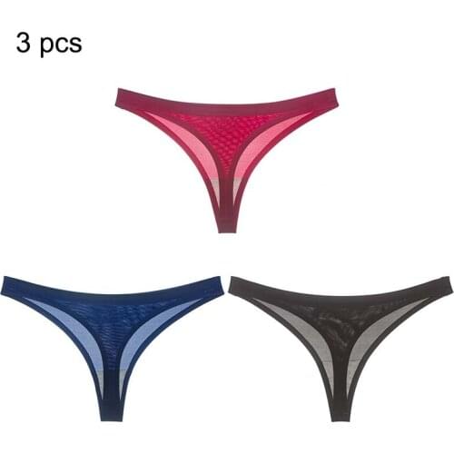 3Pcs Women Lingerie G String Seamless Ice Silk Underwear Female Sexy T-Back Thong Sheer Panties Low-Waist Transparent Knickers