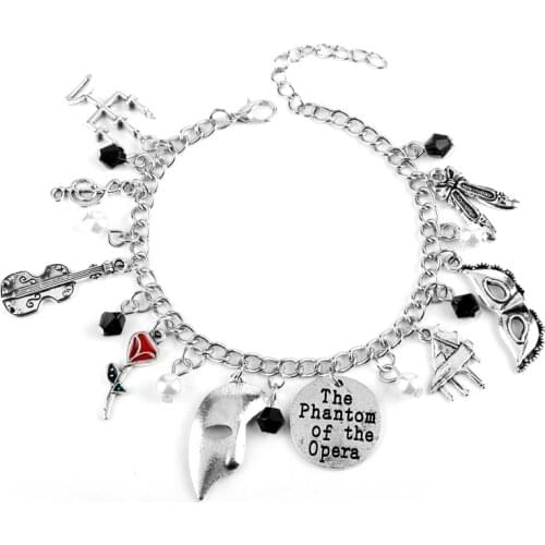 The Phantom of the Opera Charm Bracelet Mask Dance Guitar Piano Metal Pendant Bracelets Bangles For Men Women Gifts