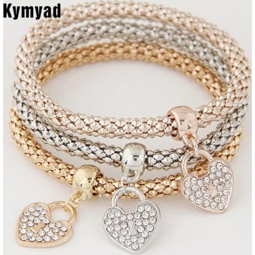 Kymyad Punk Style 3 PCS/Set Crystal Flower Bracelets & Bangles Elastic Heart Charm Bracelets For Women Pulseira Masculina