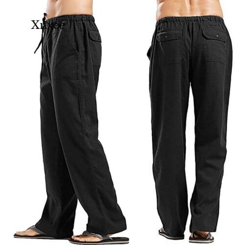 Summer Mens Fashion Solid Color Trousers Linen Multi-Pocket Straight Casual Pants Large Size Breathable Loose Trousers