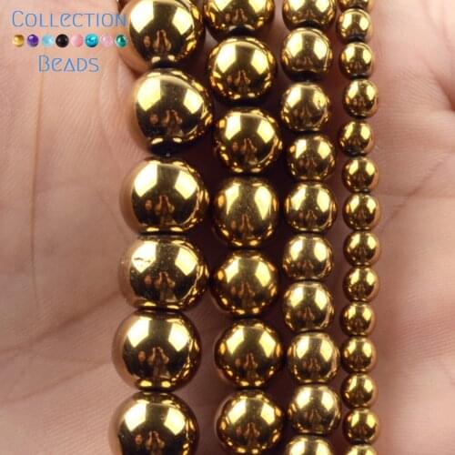 3/4/6/8/10mm Natural Stone Beads Gold Plated Hematite Stone Loose Round Beads For Jewelry Accessories Making Bracelet 15