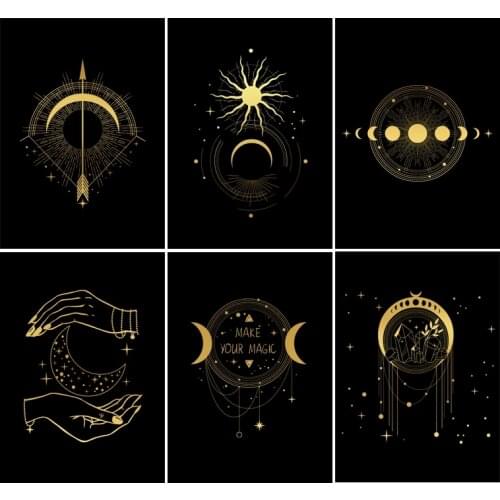 Minimalist Decor Modern Nordic Abstract Black White Golden Sun Moon Planet Canvas Posters Decorative Painting Living Room Study