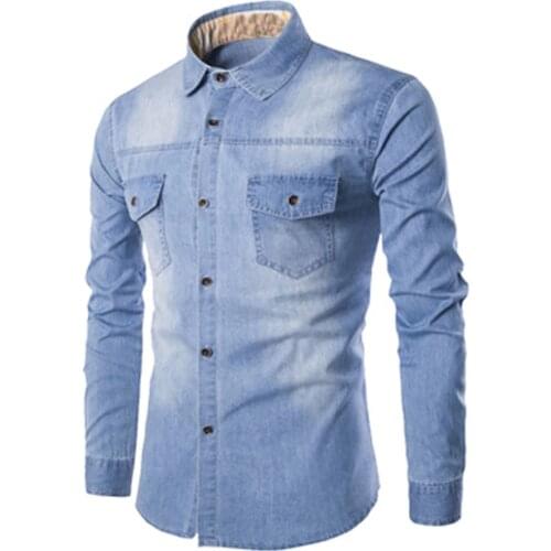 Big Size M-6XL Denim Shirt Men Cotton Jeans Cardigan Casual Fashion Two-pocket Slim Fit Long Sleeve Shirts For Male