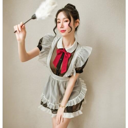 Adult Sex Fantasy Cosplay Maid Set Vintage Japanese Style Cute Bowknot Lolita Maid Apron Sets Temptation Mesh Perspective Dress