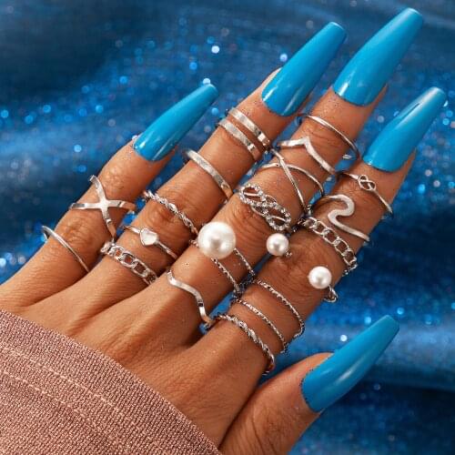 HI MAN 18 Pcs/Set Bohemian Mixed Pearl Heart Wave Crystal Opening Ring Women Temperament Simple Couple Jewelry