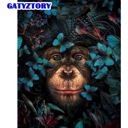 GATYZTORY 60x75cm Painting By Number Canvas Painting Animal Posters Chimpanzee Butterfly Wall Art Picture Home Decor