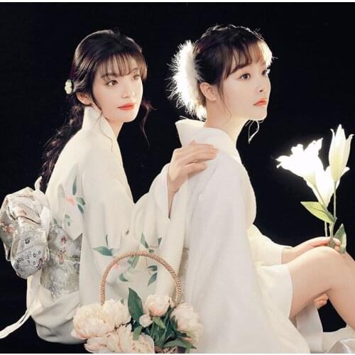 Japanese Traditional Kimono Yukata Women Summer Streetwear 2021 New Japan Vintage Style White Floral Print Dress Bow Suit Dress