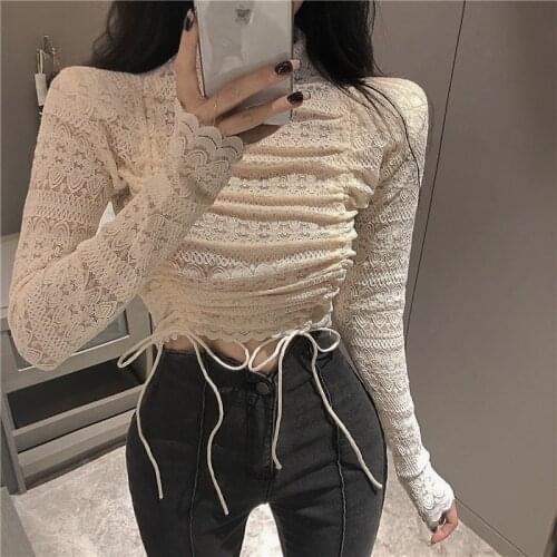 Lace top Womens Casual Solid Drawstring Design Long Sleeve Tops Blouse Lace up blusas mujer de moda 2021 roupa feminina
