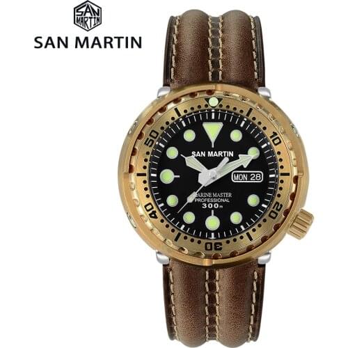 San Martin Mens Diving Watch 300M Tuna Bronze Automatic Mechanical Watch Leather Strap Sapphire Luminous Calendar Windows
