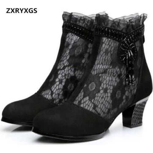 New Lace Mesh Cowhide Leather Shoes Women Boots Summer Women Sandals 2021 Spring Summer Rhinestone Shoes Women Summer Sandals