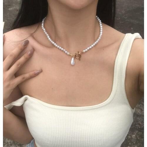 2021 New Fashion Baroque Pearl Chain Necklace Women Collar Wedding Punk Toggle Clasp Circle Lariat Bead Choker Necklaces Jewelry