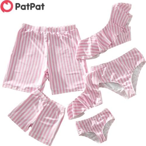 PatPat 2021 New Summer One-shoulder Flounce Striped Print Matching Swimsuits Family Look Childrens Clothing