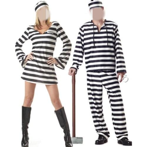 Sexy New Arrival Convict Criminal Zombie Black White Stripe Prisoner Costume Halloween Costume For Men Party Cosplay For Women