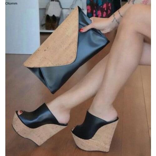 Olomm New Women Platform Mules Sandals Sexy Wedges High Heels Sandals Open Toe Elegant Black Party Shoes Women US Plus Size 5-15