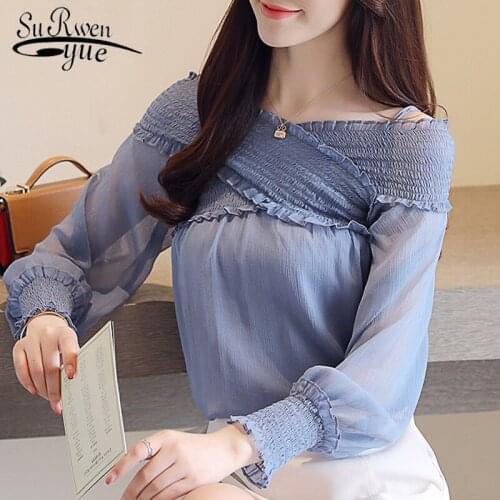 Women Off Shoulder Tops Fashion Woman Blouses 2021 Long Sleeve Chiffon Blouse Solid Shirt Casual Slash Neck Shirt Blusas 0780 30